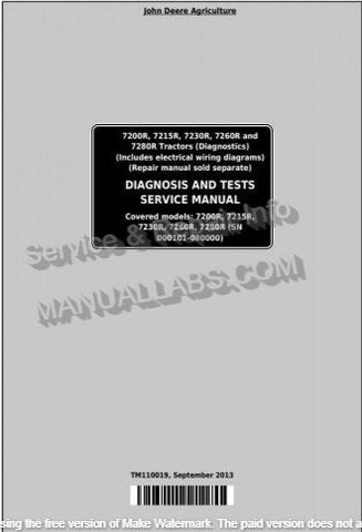 John Deere 7200R, 7215R, 7230R, 7260R, 7280R Tractor Diagnostic & Test Service Manual TM110019 - PDF File