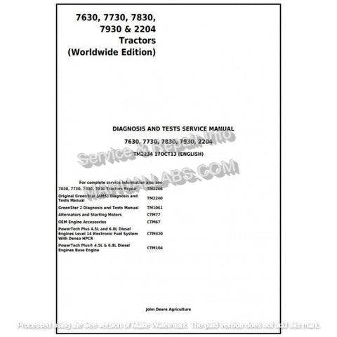John Deere 7630, 7730, 7830, 7930, 2204 Tractor Diagnostic & Test Service Manual TM2234 - PDF File