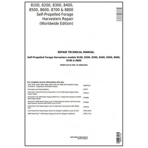 John Deere 8100, 8200, 8300, 8400, 8500, 8600, 8700, 8800 Forage Harvester Repair Technical Manual TM407119 - PDF File