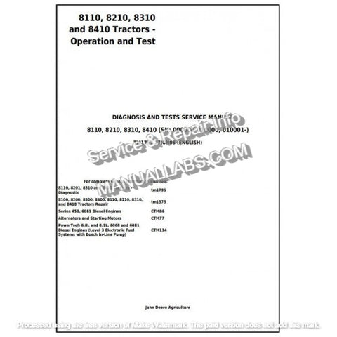 John Deere 8110, 8210, 8310 and 8410 Tractor Operation & Diagnostic Test Service Manual TM1797 - PDF File