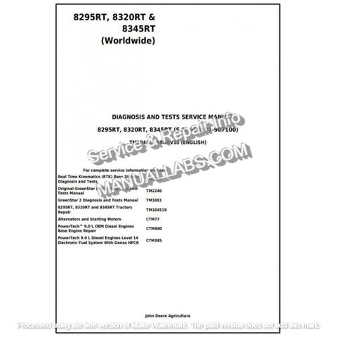 John Deere 8295RT, 8320RT, 8345RT Tractor Diagnostic & Test Service Manual TM104419 - PDF File