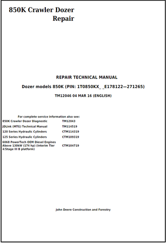 John Deere 850K Crawler Dozer Repair Manual 
