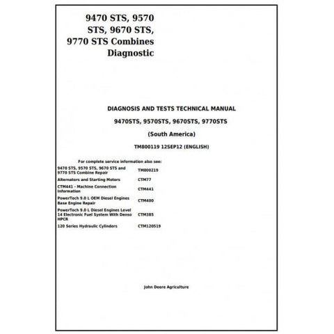 John Deere 9470STS, 9570STS, 9670STS, 9770STS South America Combine Diagnosis & Test Technical Manual TM800119 - PDF File