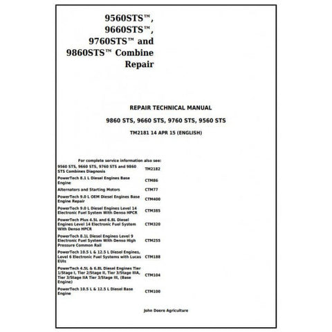 John Deere 9560 STS, 9660 STS, 9760 STS, 9860 STS Combine Repair Technical Manual TM2181 - PDF File