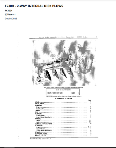 John Deere F230H Series Two-Way Reversible Integral Disk Plows Parts Catalogue Manual (PC1004)