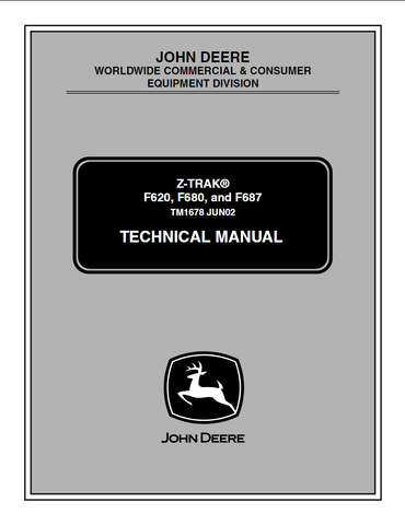 Get the technical expertise you need for John Deere F620, F680, and F687 Z-Trak models with this downloadable, comprehensive technical manual. With concise, clear instructions and visuals you'll gain insight into a range of topics, from service points and procedures to specialized adjustments and replacement part information. Download the PDF and take advantage of this helpful reference today.