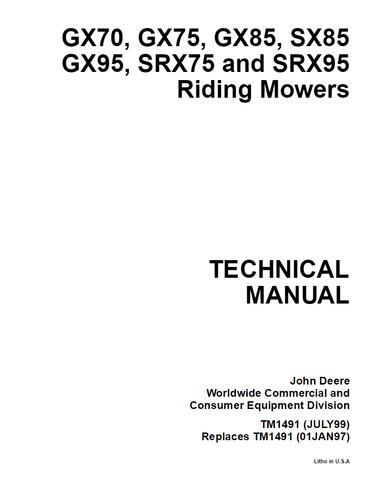 John Deere SX85, SRX75, SRX95 Riding Mowers Technical Repair Manual TM1491 - PDF File Download