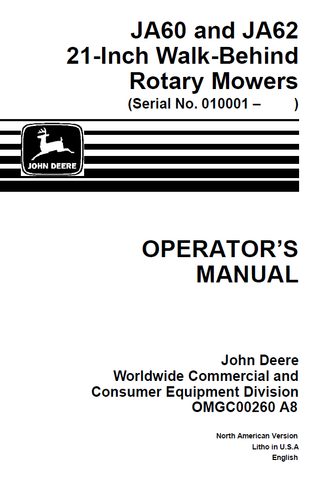 John Deere JA60, JA62 21-Inch Walk Behind Rotary Mower (SN. 010001) Manual OMGC00260