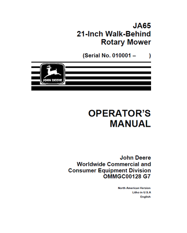 John Deere JA65 21-Inch Walk Behind Rotary Mower Operator's Manual OMMGC00128 