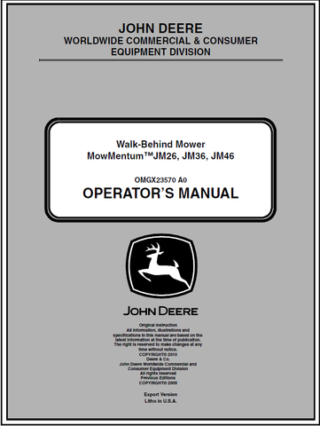 John Deere JM26, JM36 JM46 Walk-Behind Mower Mow Mentum Manual OMGX23570