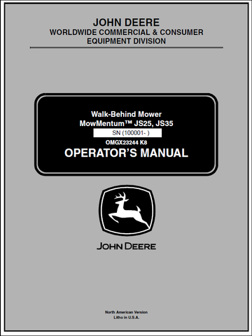 John Deere JS25, JS35 Walk-Behind Mower Mow Mentum Manual OMGX23244