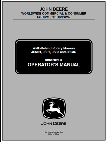 John Deere JS60H, JS61, JS63, JS63C Walk-Behind Rotary Mower  Manual OMGX21222
