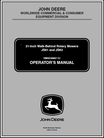 John Deere JS61, JS63 21-Inch Walk-Behind Rotary Mower Manual OMGC00667