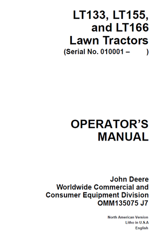 John Deere LT133, LT155, LT166 Lawn Tractor Manual OMM135075
