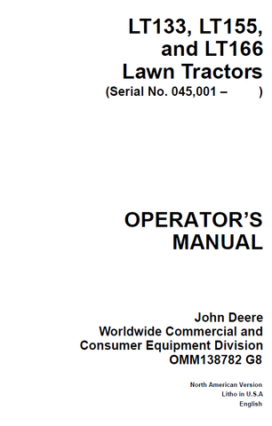 John Deere LT133, LT155, LT166 Lawn Tractor Manual OMM138782