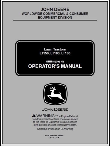 John Deere LT150, LT160, LT180 Lawn Tractor Manual OMM152793 