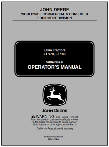 John Deere LT170 LT180 Lawn Tractor Manual OMM147259 
