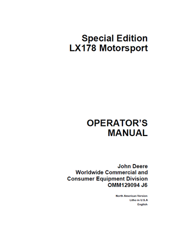 John Deere LX178 Motor Sport Manual OMM129094