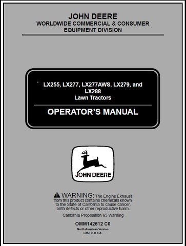 John Deere LX255, LX277, LX277AWS, LX279, LX288 Lawn Tractor Manual OMM142612