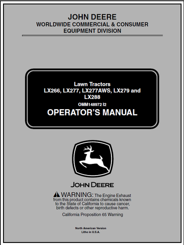 John Deere LX266, LX277, LX277AWS, LX279, LX288 Lawn Tractor Manual OMM148972