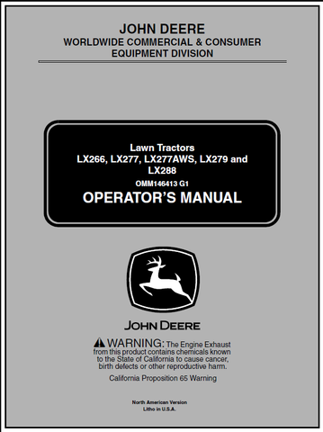 John Deere LX266, LX277, LX277AWS, LX279, LX288 Lawn Tractor Manual OMM146413 