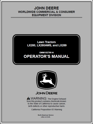 John Deere LX280, LX280AWS, LX289 Lawn Tractor Manual OMM152799