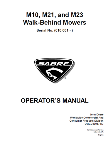 John Deere M10, M21, M23 Walk Behind Mower Manual OMGC00037 