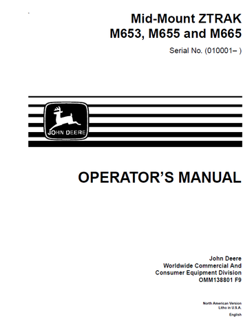 John Deere M653, M655, M665 Mid Mount Z-Trak Manual OMM138801