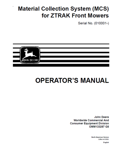 John Deere Material Collection System For F620 Z-Trak Front Mower Manual OMM133287 