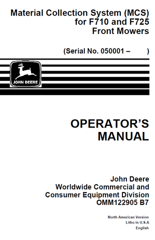 John Deere Material Collection System For F710, F725 Front Mower Manual OMM122905