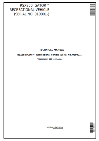 John Deere RSX 850i Gator Utility Vehicle Technical Service Repair Manual TM109919 - PDF File Download