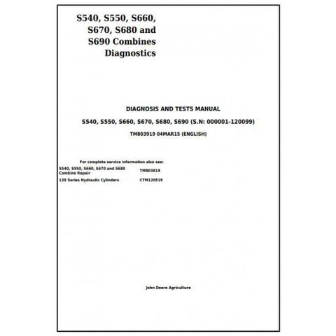 John Deere S540, S550, S660, S670, S680, S690 Combine Diagnosis & Test Manual TM803919 - PDF File