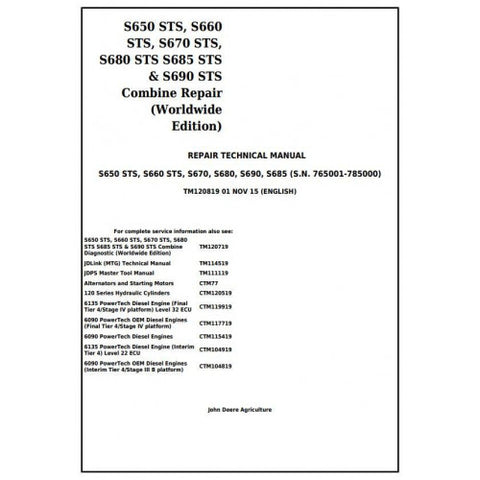 John Deere S650, S660, S670, S680, S685, S690 STS Combine Repair Technical Manual TM120819 - PDF File