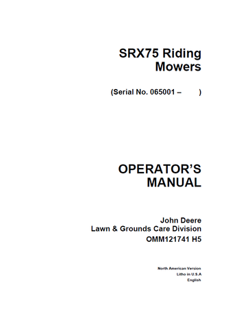 John Deere SRX75 Riding Mower Manual OMM121741