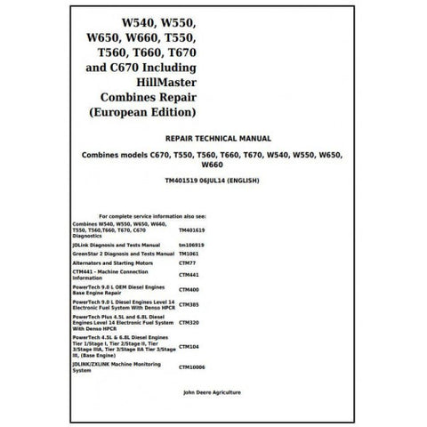 John Deere W540, W550, W650, W660, T550, T560, T660, T670, C670 Combine Repair Technical Manual TM401519 - PDF File
