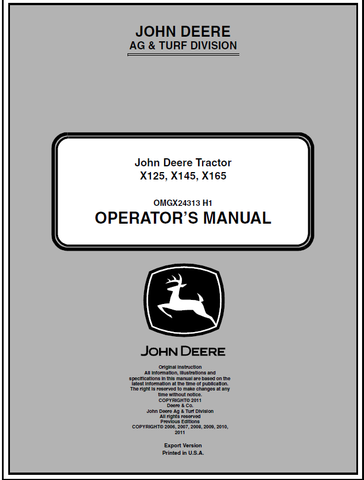 ohn Deere X125, X145, X165 Lawn and Garden Tractor Manual 