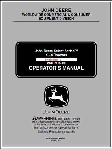 John Deere X300 Lawn and Garden Tractor (SN.085001) Manual 