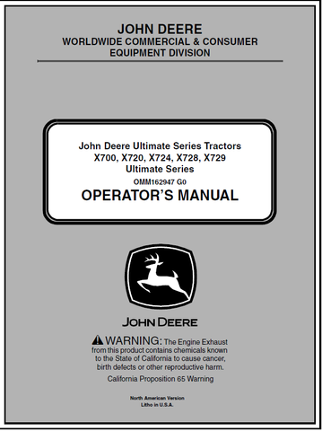 John Deere X700, X720, X724, X728, X729 Ultimate Series Tractors Manual 