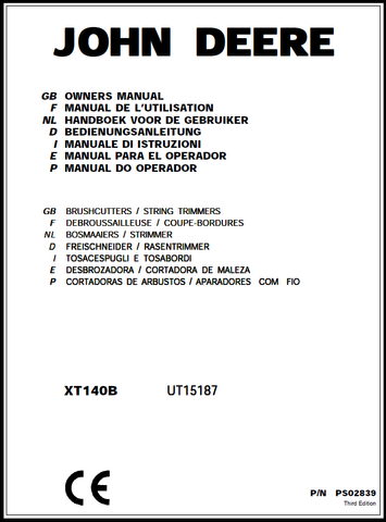 John Deere XT140B String Trimmer (UT15187) Manual OMPS02839