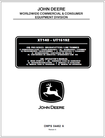 John Deere XT140 String Trimmer (UT15192) Manual OMPS04462