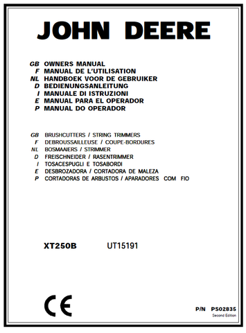 John Deere XT250B String Trimmer (UT15191) Owner's Manual OMPS02835 - PDF File Download