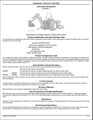 John Deere 49 - BACKHOE 49 Backhoe Parts Catalogue Manual (PC9413) - PDF File Download