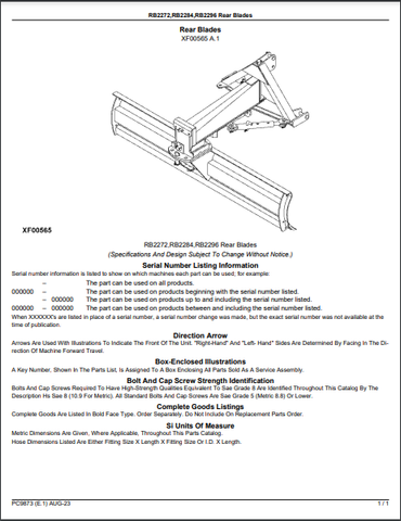 John Deere RB2272, RB2284, RB2296 Rear Blades (Frontier) Parts Catalogue Manual (PC9873) - PDF File Download