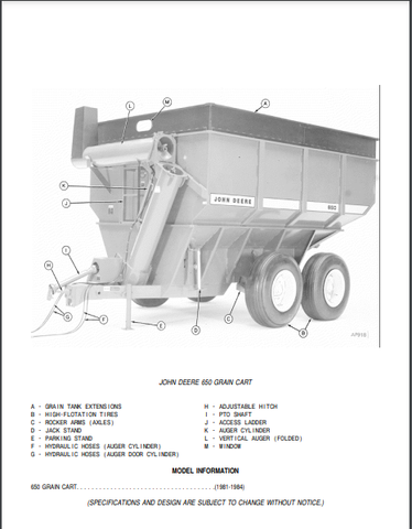 John Deere 650 Grain Cart Parts Catalogue Manual (PC1830) - PDF File Download