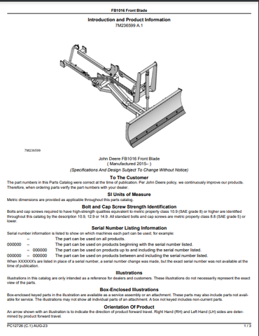 John Deere FB1016 Front Blade Parts Catalogue Manual (PC12726) - PDF File Download