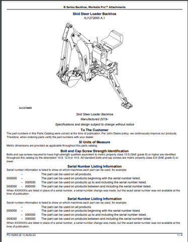 John Deere BH9B - BACKHOE Worksite Pro Backhoes (BH9B, BH10B, BH11B) Parts Catalogue Manual (PC15263) - PDF File Download