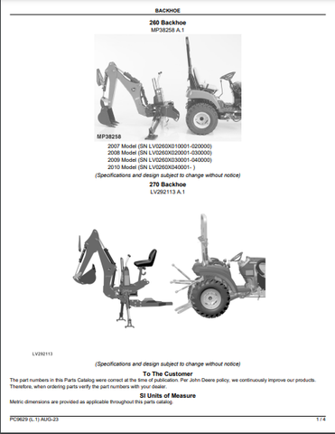 John Deere 270A - BACKHOE 260, 260B, 270A and 270B Backhoe Parts Catalogue Manual (PC9629) - PDF File Download