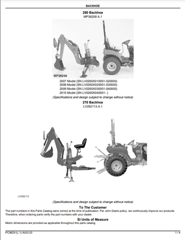 John Deere 260B - BACKHOE 260, 260B, 270A and 270B Backhoe Parts Catalogue Manual (PC9629) - PDF File Download