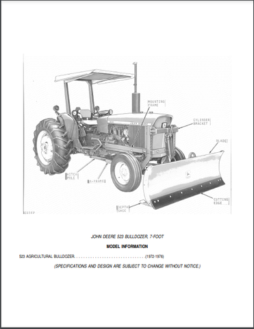 John Deere 523 Agricultural Bulldozer (for 830 and 2040 Utility Tractors) Parts Catalogue Manual (PC1350) - PDF File Download