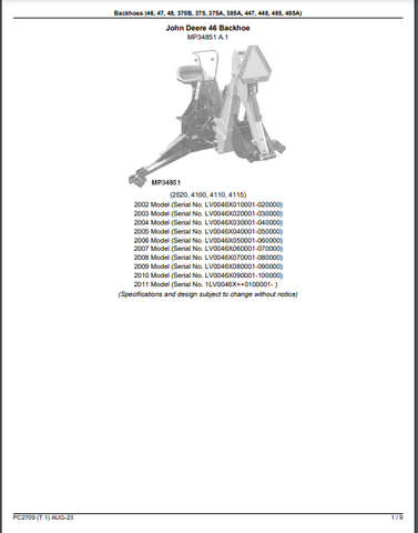 John Deere 4320 - BACKHOE 46, 47, 48, 370B, 375, 375A, 385A, 447, 448, 485 and 485A Backhoes Parts Catalogue Manual (PC2709) - PDF File Download